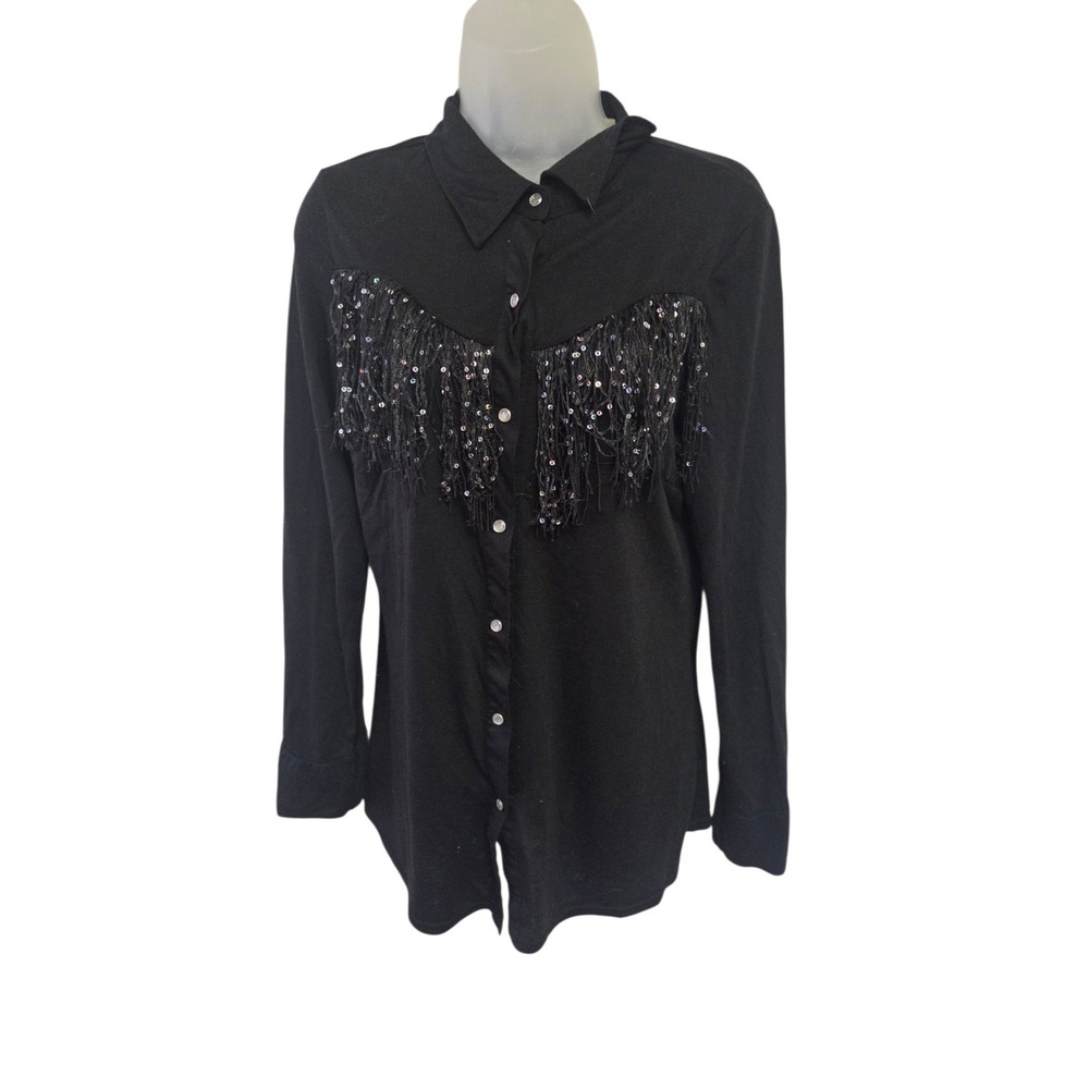 Roper Wear The West Womens Black Sequin Fringe Western Snap Button Down Shirt L